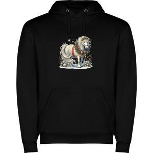Zwarte unisex hoodie met “Wit Paard - Kerst“ Print Full merk Roly maat 116 5/6 jaar