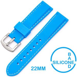 22mm Rubber Siliconen horlogeband Lichtblauw met witte stiksels passend op o.a Casio Seiko Citizen en alle andere merken - 22 mm Bandje - Licht Blauw - Horlogebandje horlogeband