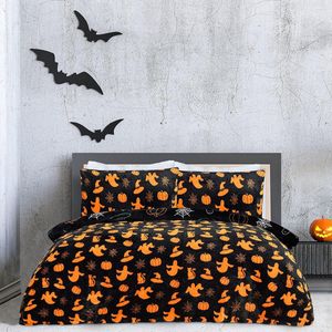 Halloween Spooky Ghost Zwart Oranje Flanel Fleece Omkeerbaar Dekbedovertrek Quilt Beddengoed Set met Kussenslopen Warm Zacht Gemakkelijk Onderhoud Beddengoed - King (230 cm x 220 cm)