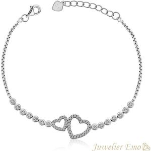 Juwelier Emo - Dubbele Hart Bedelarmband met Zirkonia's - Zilveren Armband Dames - LENGTE 20 CM
