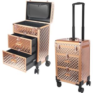 Professionele 3 in 1 Make-Up Treinkoffer | Extra Grote Aluminium Cosmetische Koffer met Rollen