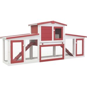 The Living Store Konijnenhok - 204 x 45 x 85 cm - massief vurenhout - UV- en weerbestendig dak - verwijderbare schuiflade - wit/rood