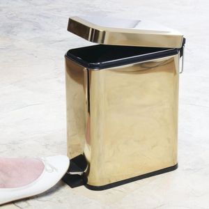 Rechthoekige pedaalemmer met een inhoud van 5 liter, compacte afvalbak met binnenemmer voor badkamer, slaapkamer of kantoor, moderne prullenbak van metaal en kunststof in messing