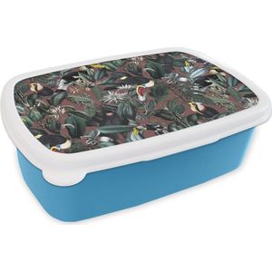 Broodtrommel Blauw - Lunchbox - Brooddoos - Bloemen- Vogel- Bladeren - 18x12x6 cm - Kinderen - Jongen