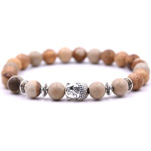 Armband met buddha bedel - Armband natuursteen - Kralen band - Dames / Heren / Unisex / Cadeau - Cadeau voor man & vrouw - Zilveren buddha - Elastisch - Beige