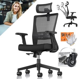 KESSER® Bureaustoel | Ergonomische Bureaustoelen voor Volwassenen | verstelbare rugleuning | in hoogte verstelbaar | Hoofdsteun & Lendensteun | office Chair met 5x rubberen wielen - Zwart