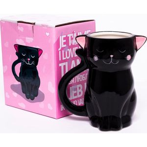 3D kattenbeker beker beker mok van keramiek in zwart-roze handbeschilderd voor kattenliefhebbers bevat ca. 310 ml koffie, thee, dranken in