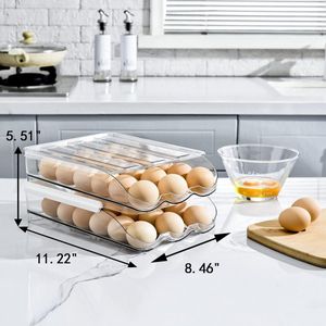 Eierhouder met grote inhoud voor koelkast, houder voor automatisch rollende eieren, organizer, opbergbakje, stapelbaar, vers, opbergdoos voor koelkast, doorschijnend kunststof, 2 lagen