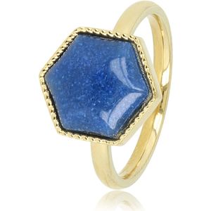 My Bendel - Goudkleurige ring met grote zeshoek Blue Aventurine edelsteen - Bijzondere goudkleurige ring gevormd in een zeshoek met Blue Aventurine edelsteen - Met luxe cadeauverpakking