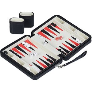 backgammon reiseditie - met accessoires en etui - 5,5 x 24 x 18 cm - kunstleer - zwart