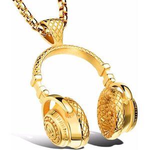 DJ Ketting met Koptelefoon Hanger - Goud Kleurig - Kettingen Heren Dames - Muziek Liefhebber - Cadeau voor Man - Mannen Cadeautjes