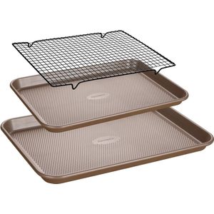 Koolstofstalen bakplaatset met anti-aanbaklaag: bakplaat set met ruitstructuur en organische siliconen coating - 2 bakplaten met antiaanbaklaag (44,5 x 32 cm, 39,5 x 27 cm) + rooster