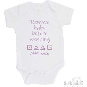 100% katoenen Romper ""Remove baby before washing 100% cotton"" Meisjes Katoen Wit/lila Maat 62/68