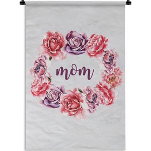 Wandkleed Moederdag - Moederdag cadeau / leuk moederdag geschenk voor haar met bloemenprint en tekst - Mom Wandkleed katoen 60x90 cm - Wandtapijt met foto