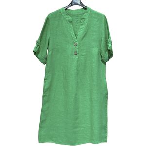 Mooi linnen jurk - v-hals - kraag - 7/8 mouwen - zijzakken en knoppen voorkant - kleur GRAS GROEN - maat 44