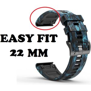 Firsttee  Siliconen Horlogeband - EASY FIT - 22 MM - Voor GARMIN - Camouflage blauw - Horlogebandjes - Quick Release - Easy Click - Garmin – Fenix 5X / X 6 / 3 - Horloge bandje - Golfkleding - Golf accessoires – Cadeau