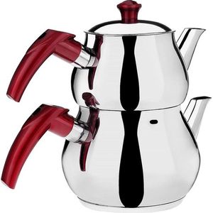 Turkse theepotset, roestvrijstalen dubbele theepotten voor theemaker op kookplaat met handvat Samovar-stijl zelfgebruikte theeketel Ketel waterverwarmer, Caydanlik (mini rood)