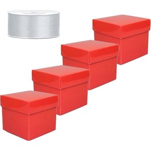 Set van 4 vierkante cadeau doosjes rood 10 x 10 cm en 1 rol kadolint / sierlint zilver 25 meter