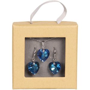 Melady Ketting Oorbellen Set Dames Kristal Blauw Metaal Hartjes Ketting Dames