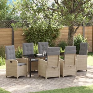 vidaXL - 7-delige - Tuin - Eetset - met - Kussens - - - Beige - Poly - Riet