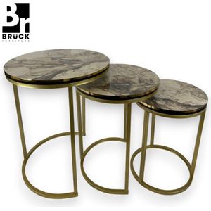 Brück - Set van 3 Ronde Bijzettafels - 3 Hoogtes en 3 Diameters - Bijzettafel Marmerlook Wit Blad - Goudkleurig Onderstel