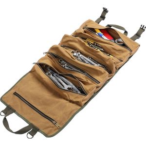 Roltas voor gereedschap, van gewaxt canvas, grote moersleutelrol met 6 vakken met ritssluiting, multifunctionele roltas