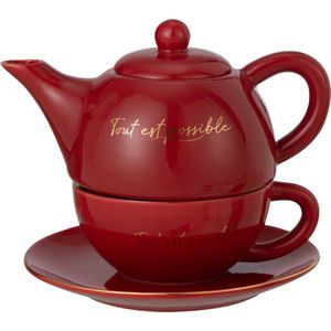 J-Line Tout Est Possible theekopje + theepot - porselein - rood/goud - woonaccessoires