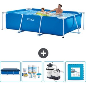 Intex Rechthoekig Frame Zwembad - 260 x 160 x 65 cm - Blauw - Inclusief Afdekzeil - Onderhoudspakket - Zwembadfilterpomp - Vloertegels