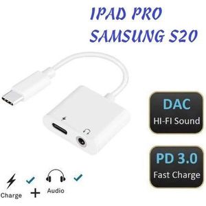 Ascromy USB-C adapter - USB-C naar 3,5mm Aux en USB-C - Samsung S20 & iPad Pro - Wit
