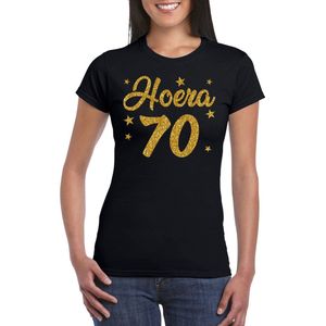 Hoera 70 jaar verjaardag cadeau t-shirt - goud glitter op zwart - dames - cadeau shirt L