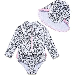 Badpak voor Baby Meisje Eén Stuk UPF 50+ UV Rashguard met Rits patroon in zwart-witte stippen Maat 80 - 86 cm (12-18 M)