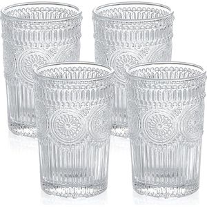 Waterglas, vintage drinkglazen, romantische waterglazen, glazen bekers voor sap, drankjes, cocktail, inhoud 370 ml, set van 4