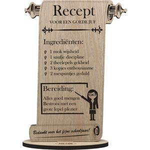 RECEPT JUF - Recept voor een goede juf - houten wenskaart - kaart om de lerares te bedanken - 17.5 x 25 cm