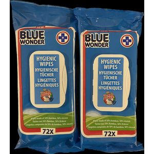 Blue Wonder - Hygiënische Doekjes - 2 x 72 stuks - Blue Wonder Desinfectie doekjes - 144 stuks - Met Ontsmettende Alcohol In Handige Hersluitbare Meeneem Dispenser Verpakking