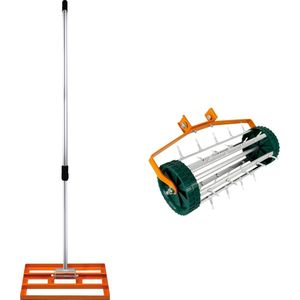 2-in-1 Handmatige Verticuteermachine en Gazonvlakker Set in Oranje Gegalvaniseerd Staal en Aluminium met Uitschuifbaar Handvat tot 190 cm, Vlakkingsbasis van 50 cm en Spikes van 3,8 cm