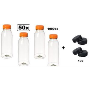 50x Flesje helder 1000cc met oranje dop + 10 zwarte doppen - drink fles vruchten sap limonade drank