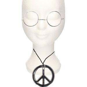 Hippie Flower Power verkleed set peace-teken ketting met ronde transparante glazen bril