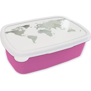 Broodtrommel Roze - Lunchbox - Brooddoos - Wereldkaart - Grijs - Waterverf - 18x12x6 cm - Kinderen - Meisje
