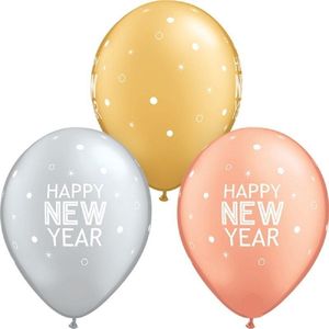 25x Qualatex luxe kwaliteit ballonnen Happy New Year gekleurd 28 cm - feestballonnen Oud & Nieuw - Nieuwjaar thema versiering