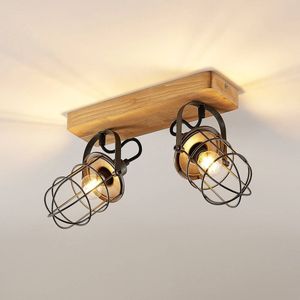 Lindby - plafondlamp hout - 2lichts - metaal, pijnboomhout - H: 24 cm - E14 - donkergrijs, hout licht