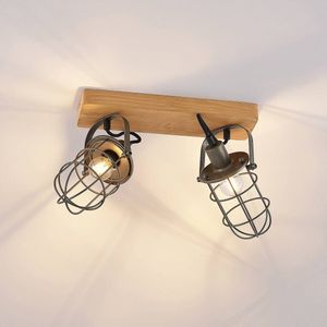 Lindby - plafondlamp hout - 2 lichts - metaal, pijnboomhout - H: 24 cm - E14 - donkergrijs, hout licht