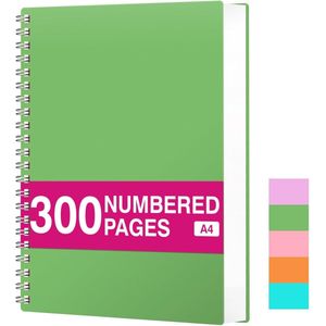 Notitieblok, A4, geruit, spiraalblok, notitieblok, 100 g/m², met 300 pagina's/150 vellen om te tekenen, kunststof pvc hardcover, voor dagboek, college, conferentie, reizen, 21,5 x 27,9 cm,