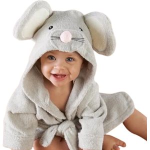 BoefieBoef Muisje Kinder Badjas Dier met Capuchon - Kleuter Peuter Ochtendjas - 4 tot 6 jaar - Kinder Badcape - Kleuter Handdoek- Katoen Badstof - Kind Badponcho - Kleuter Poncho - kraamcadeau - dierenbadjas - Mouse Animal Grijs