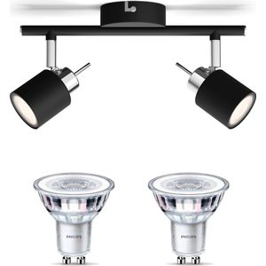 Philips Meranti Opbouwspot met GU10-fitting & Philips LED Spot GU10 50W - LED - Spotjes Opbouw - 2 Lichtpunten - Zwart