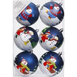 12x Blauwe kerstballen 8 cm kunststof met print - Onbreekbare plastic kerstballen - Kerstboomversiering blauw