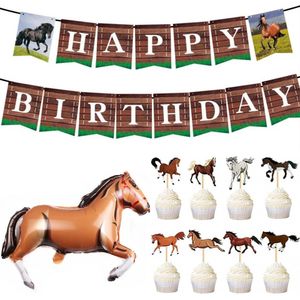 10-delige paarden decoratie set met slinger, ballon en cupcake toppers - paard - dier - slinger - ballon - cupcake toppers - verjaardag