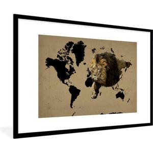 Fotolijst incl. Poster - Wereldkaart - Zwart - Leeuw - 120x80 cm - Posterlijst