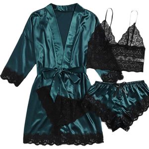 Xd Xtreme - 4-delig - Nachtkledingset groen L - nachtkleding - kimono - nachtjapon - badjas - ochtendjas - satijn - lingerie set - bodysuit - sexy - pyjama