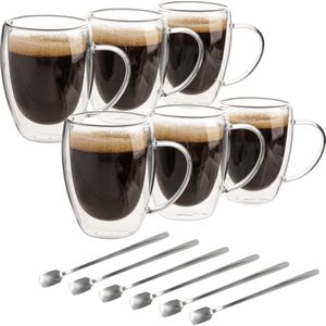 Belle Vous 6 Pak Dubbel Wand Glazen Koffiemokken - 350 ml Kopjes met Handvatten - Geïsoleerde Hittebestendige Borosilicaat Glazen Drankbekers voor Thee, Koffie, Cappuccino & Lattes
