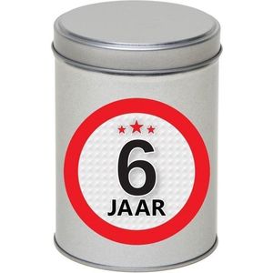 Cadeau/kado zilver rond blik 6 jaar 13 cm - Snoepblikken - Cadeauverpakking voor verjaardag